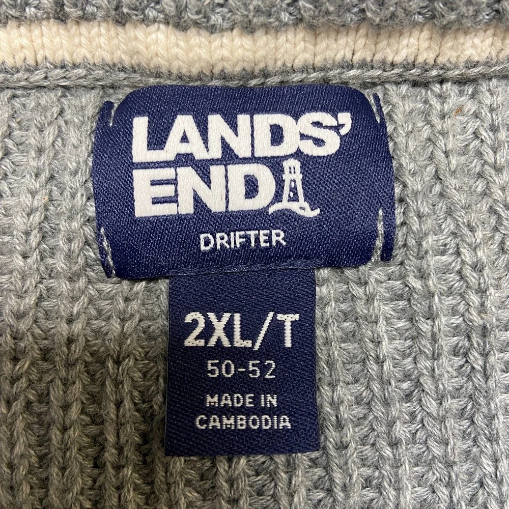 Lands' End Drifter Sweater Mens 2XL Gray Shaker Stitch Knit Cotton Raglan Sleeve